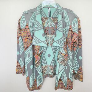 Petrol Sweater Women's Size S/M Open Front Aztec Print Turquoise and Gray